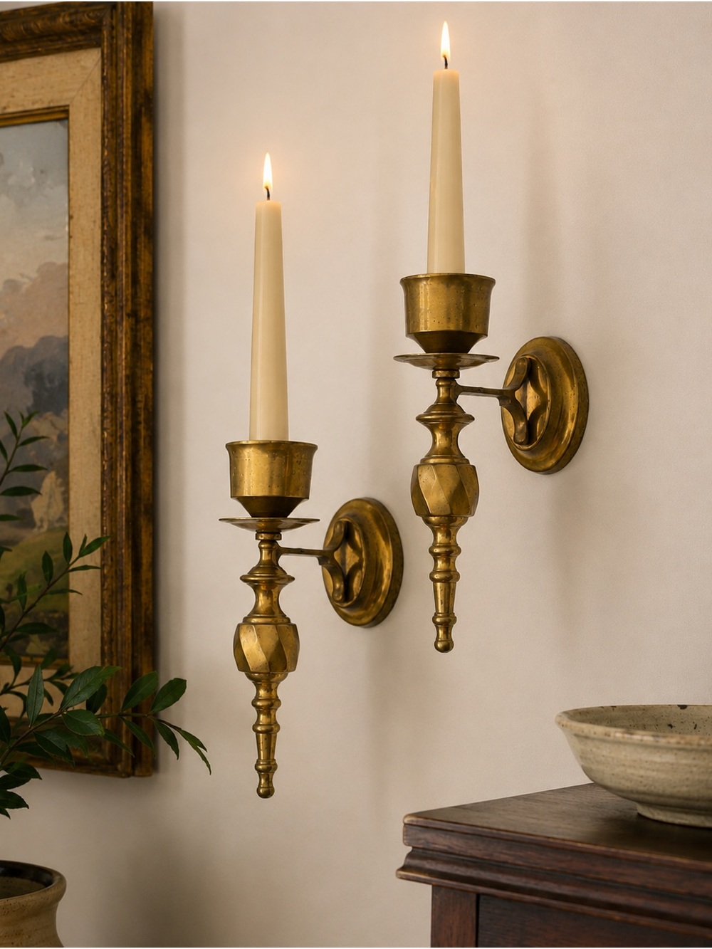 Vintage Brass Wall Sconces Pair, Ornate Candle Holders